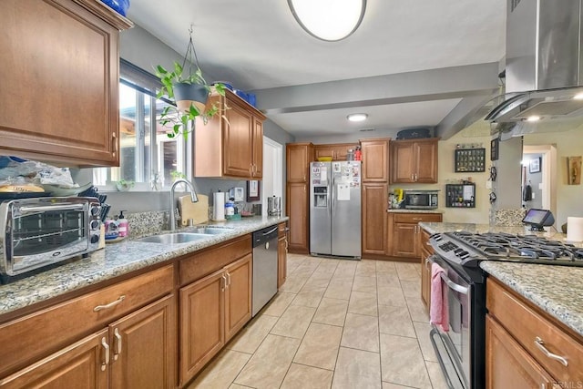118 W 11th Ave, Escondido, CA 92025 - kitchen featuring stainless steel appliances, island exhaust hood, a sink, light tile patterned flooring, and light stone counters