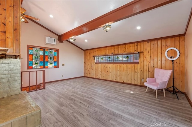 26745 Hopkins Rd, Idyllwild, CA 92549 - unfurnished living room featuring wood finished floors, baseboards, ceiling fan, wooden walls, and recessed lighting