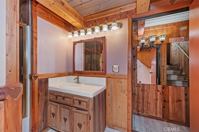 26745 Hopkins Rd, Idyllwild, CA 92549 - bathroom with vanity, wainscoting, and wood walls