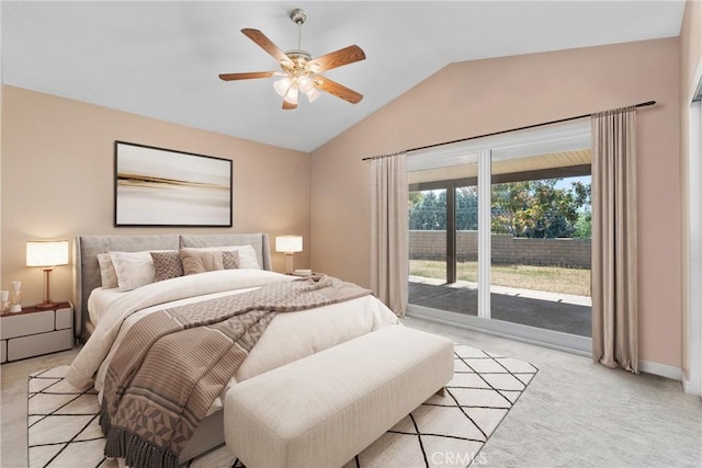 1214 Mallorca St, Upland, CA 91784 - bedroom with access to exterior, vaulted ceiling, light carpet, ceiling fan, and baseboards