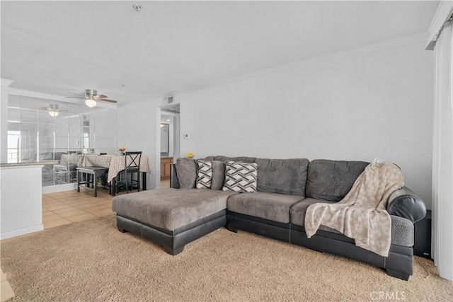 1023 Vista Del Cerro Dr Unit 205, Corona, CA 92879 - living room with crown molding, ceiling fan, and tile patterned floors