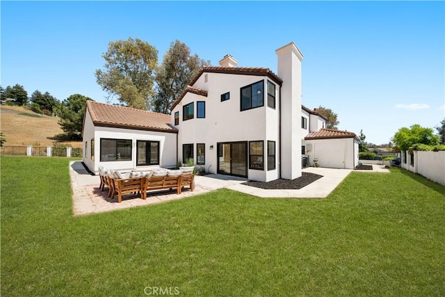 22011 La Puente Rd, Walnut, CA 91789 - back of house featuring an outdoor hangout area, a tiled roof, a chimney, and a yard