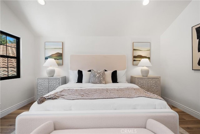 22011 La Puente Rd, Walnut, CA 91789 - bedroom with baseboards, wood finished floors, recessed lighting, and lofted ceiling