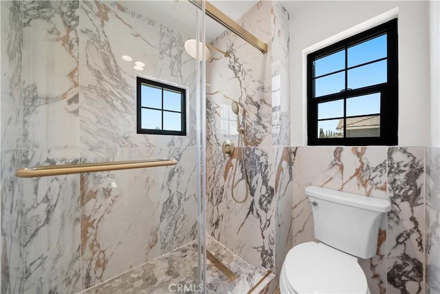 22011 La Puente Rd, Walnut, CA 91789 - full bathroom featuring a marble finish shower, tile walls, and toilet