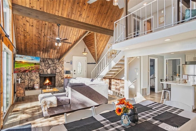 27638 St Bernard Ln, Lake Arrowhead, CA 92352 - living area with a ceiling fan, high vaulted ceiling, stairway, wood finished floors, and a wooden ceiling with exposed beams