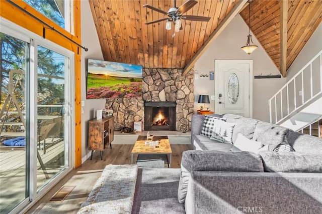 27638 St Bernard Ln, Lake Arrowhead, CA 92352 - living room with wooden ceiling, wood finished floors, ceiling fan, high vaulted ceiling, and a stone fireplace