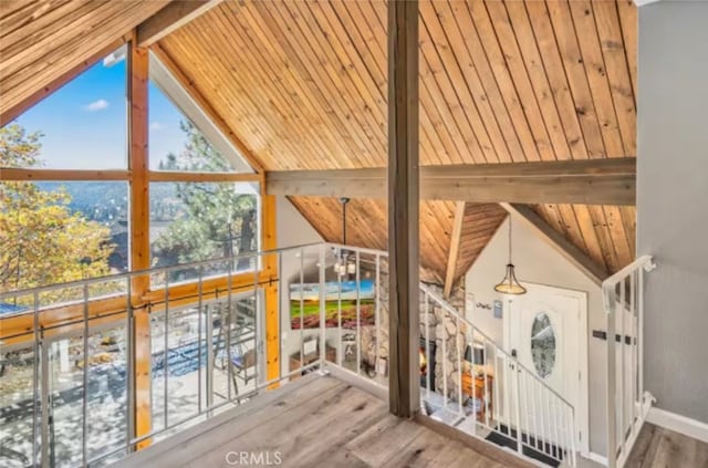 27638 St Bernard Ln, Lake Arrowhead, CA 92352 - detailed view of wood finished floors and a wooden ceiling with exposed beams