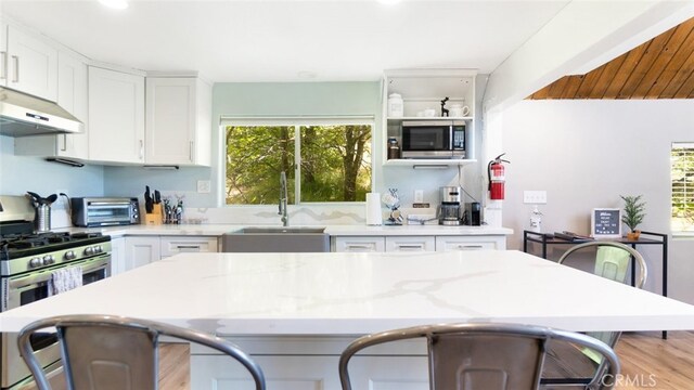 27638 St Bernard Ln, Lake Arrowhead, CA 92352 - kitchen with appliances with stainless steel finishes, white cabinetry, healthy amount of natural light, light wood-style flooring, and recessed lighting