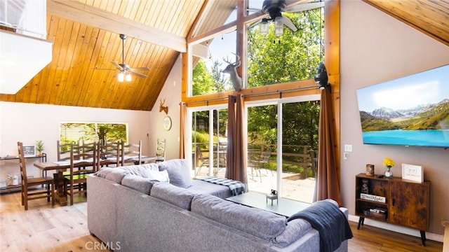 27638 St Bernard Ln, Lake Arrowhead, CA 92352 - living room with a ceiling fan, high vaulted ceiling, wood finished floors, and a wooden ceiling with exposed beams