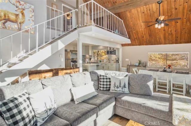 27638 St Bernard Ln, Lake Arrowhead, CA 92352 - living room with wood ceiling, high vaulted ceiling, stairs, and a ceiling fan