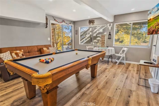 27638 St Bernard Ln, Lake Arrowhead, CA 92352 - playroom featuring wood finished floors, billiards, beam ceiling, and recessed lighting