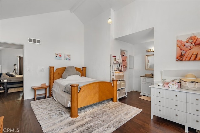 5463 Newcastle Ave Unit 8, Encino, CA 91316 - bedroom featuring high vaulted ceiling, dark wood finished floors, and beam ceiling