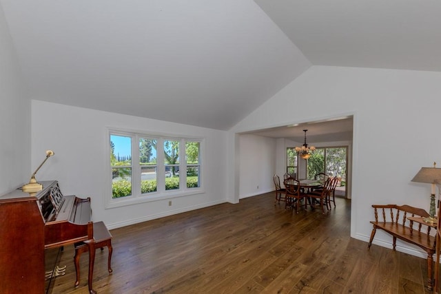 18269 Laurel View Dr, Yorba Linda, CA 92886 - sitting room featuring lofted ceiling, dark wood finished floors, and a chandelier