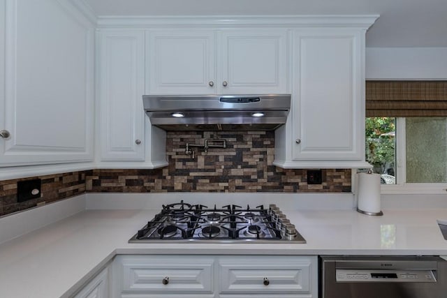18269 Laurel View Dr, Yorba Linda, CA 92886 - kitchen with stainless steel gas cooktop, dishwashing machine, under cabinet range hood, white cabinets, and light countertops
