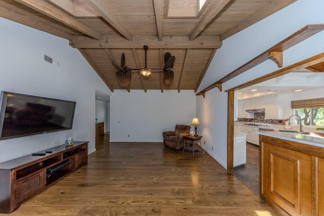 18269 Laurel View Dr, Yorba Linda, CA 92886 - living room featuring wooden ceiling, wood finished floors, a ceiling fan, and recessed lighting