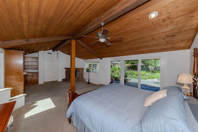 18269 Laurel View Dr, Yorba Linda, CA 92886 - bedroom with wood ceiling, access to exterior, carpet, and a brick fireplace