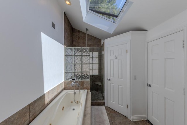18269 Laurel View Dr, Yorba Linda, CA 92886 - full bath featuring a walk in shower, a jetted tub, lofted ceiling, a skylight, and plenty of natural light