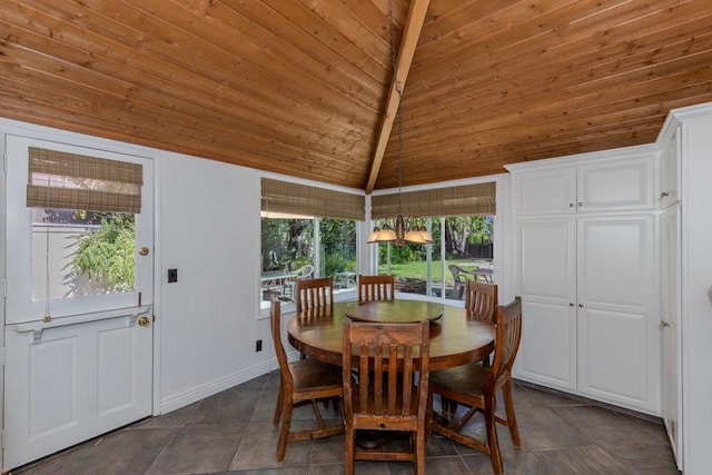 18269 Laurel View Dr, Yorba Linda, CA 92886 - dining area with wooden ceiling, dark tile patterned flooring, and vaulted ceiling