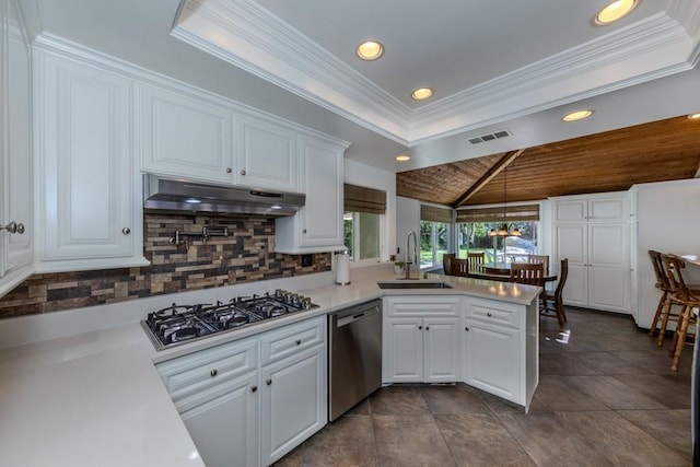 18269 Laurel View Dr, Yorba Linda, CA 92886 - kitchen featuring stainless steel appliances, a peninsula, white cabinets, light countertops, and lofted ceiling