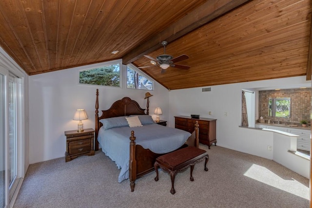 18269 Laurel View Dr, Yorba Linda, CA 92886 - bedroom with wood ceiling, light colored carpet, multiple windows, and ceiling fan