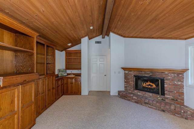 18269 Laurel View Dr, Yorba Linda, CA 92886 - unfurnished living room with carpet floors, wooden ceiling, and a brick fireplace