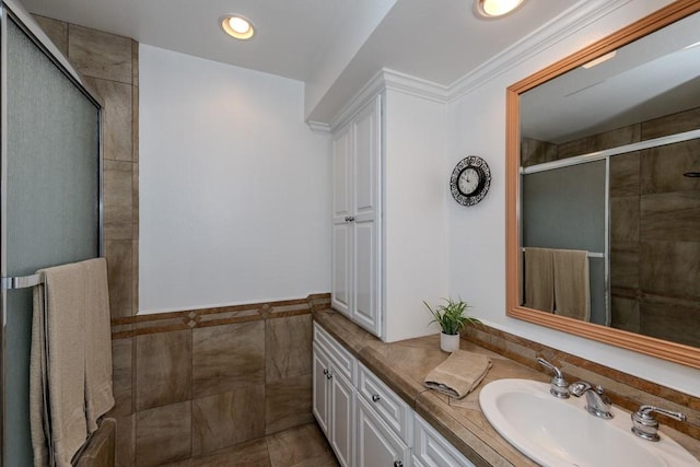18269 Laurel View Dr, Yorba Linda, CA 92886 - bathroom with tiled shower, vanity, tile walls, and recessed lighting