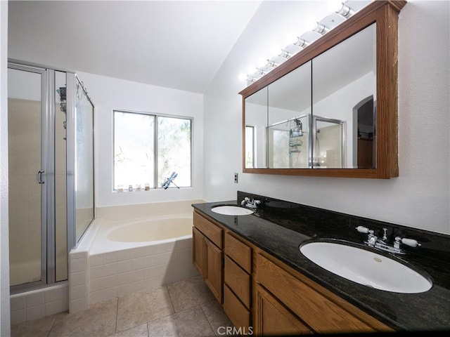 1173 Conestoga St, Corona, CA 92881 - full bath featuring a bath, a stall shower, double vanity, and tile patterned floors