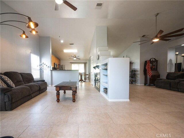 1173 Conestoga St, Corona, CA 92881 - rec room featuring ceiling fan, high vaulted ceiling, and light tile patterned floors