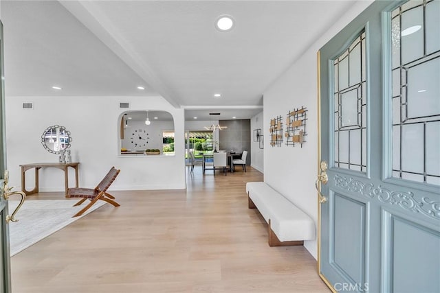 1321 S 8th Ave, Arcadia, CA 91006 - foyer entrance with recessed lighting, light wood finished floors, baseboards, beam ceiling, and arched walkways