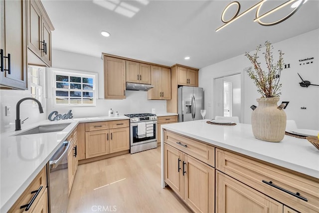 1321 S 8th Ave, Arcadia, CA 91006 - kitchen featuring stainless steel appliances, a sink, under cabinet range hood, light wood-style floors, and light brown cabinets