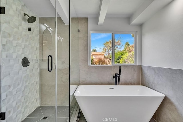 1321 S 8th Ave, Arcadia, CA 91006 - bathroom featuring tile walls, a soaking tub, a stall shower, beam ceiling, and tile patterned flooring