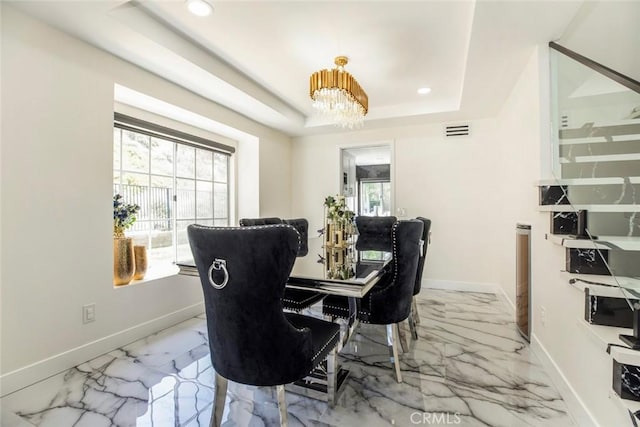 20128 Cavern Ct, Saugus, CA 91390 - dining room featuring light marble finish floors, a chandelier, baseboards, and recessed lighting