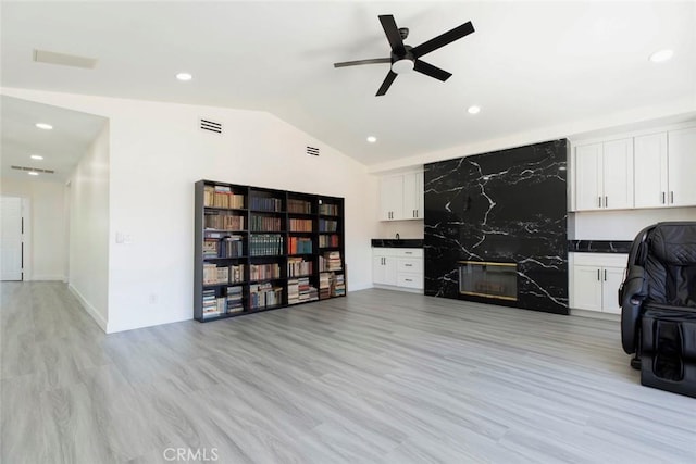 20128 Cavern Ct, Saugus, CA 91390 - living area with vaulted ceiling, a ceiling fan, light wood-style flooring, recessed lighting, and baseboards