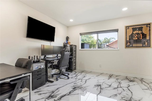 20128 Cavern Ct, Saugus, CA 91390 - office area with light marble finish flooring, recessed lighting, and baseboards
