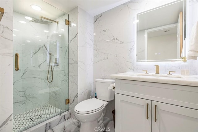 20128 Cavern Ct, Saugus, CA 91390 - bathroom featuring toilet, tile walls, a marble finish shower, and vanity