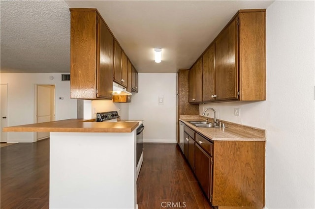 2408 S Hacienda Blvd Unit K2, Hacienda Heights, CA 91745 - kitchen featuring a sink, electric range oven, dark wood-style flooring, under cabinet range hood, and a peninsula