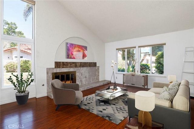 3016 Daphney Ct, Simi Valley, CA 93063 - living area with wood finished floors, high vaulted ceiling, and a high end fireplace