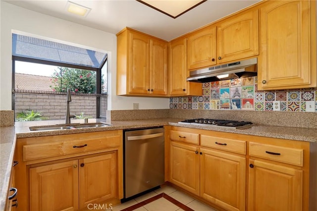 3016 Daphney Ct, Simi Valley, CA 93063 - kitchen with appliances with stainless steel finishes, under cabinet range hood, decorative backsplash, and light tile patterned floors