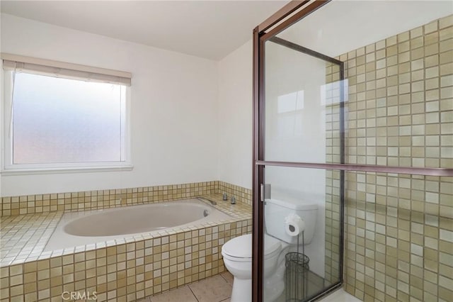 3016 Daphney Ct, Simi Valley, CA 93063 - bathroom featuring a garden tub, tile patterned flooring, and tiled shower