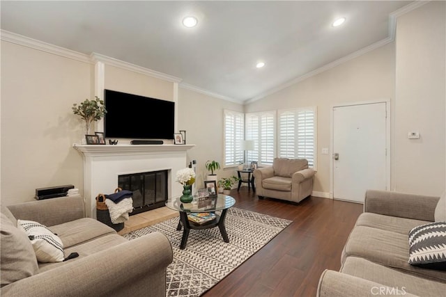 2355 S Pinehurst Pl, Ontario, CA 91761 - living room with dark wood-type flooring, a fireplace with flush hearth, recessed lighting, vaulted ceiling, and crown molding