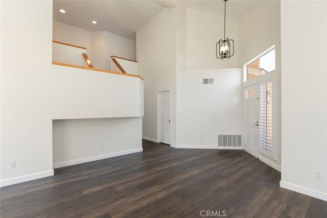16783 Lake Knl, Riverside, CA 92503 - entrance foyer featuring high vaulted ceiling, a chandelier, dark wood-style floors, baseboards, and recessed lighting