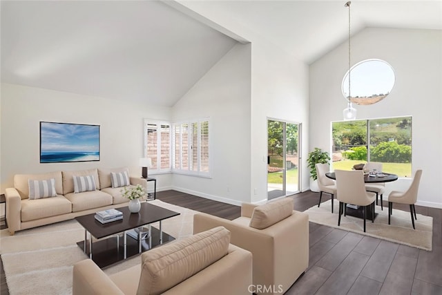 16783 Lake Knl, Riverside, CA 92503 - living area featuring high vaulted ceiling, dark wood-style floors, and baseboards