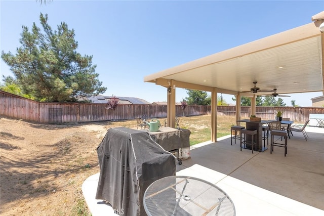 36867 Gallery Ln, Beaumont, CA 92223 - fenced backyard featuring outdoor dining area, a ceiling fan, and a patio