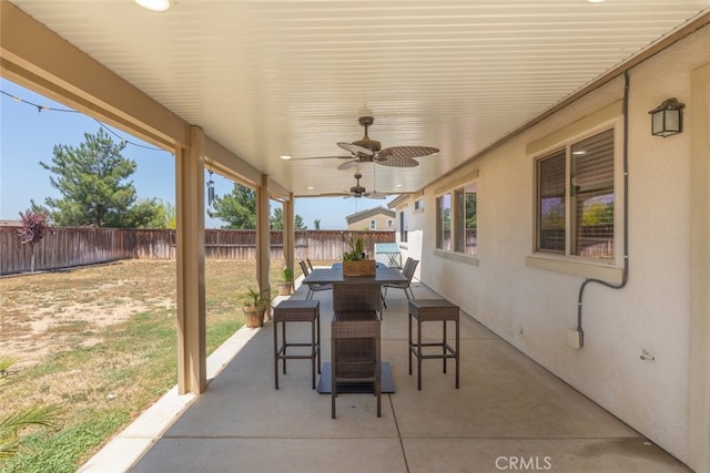 36867 Gallery Ln, Beaumont, CA 92223 - fenced backyard with ceiling fan, outdoor dining space, and a patio area