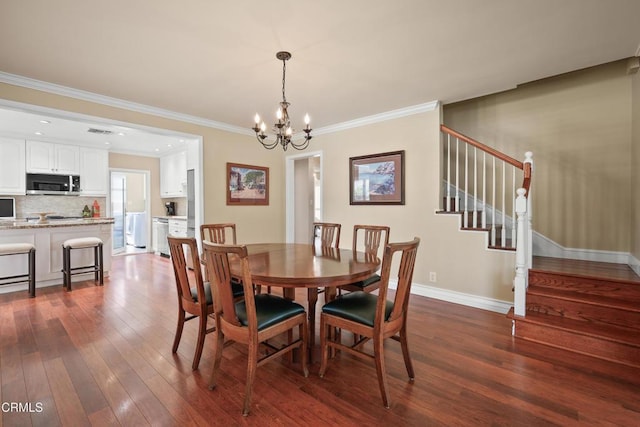 829 E Ada Ave, Glendora, CA 91741 - dining room featuring a chandelier, dark wood finished floors, stairway, baseboards, and crown molding