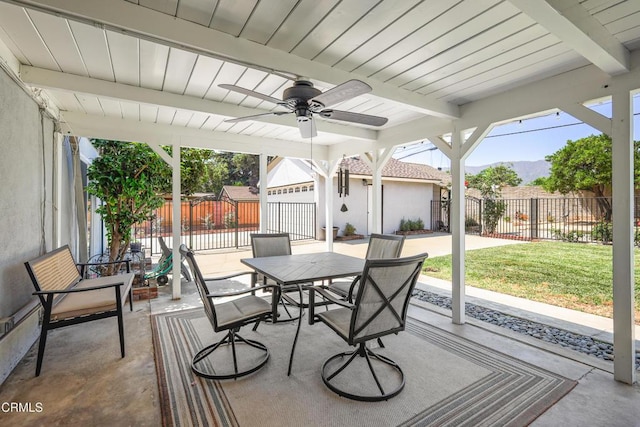 829 E Ada Ave, Glendora, CA 91741 - view of patio / terrace with an outbuilding, outdoor dining space, ceiling fan, and a mountain view