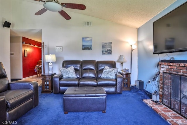 3012 Homer Cir, Jurupa Valley, CA 91752 - living area with vaulted ceiling, carpet flooring, ceiling fan, a brick fireplace, and a textured ceiling