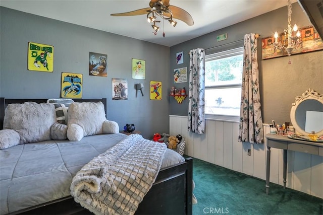 3012 Homer Cir, Jurupa Valley, CA 91752 - bedroom with carpet, a wainscoted wall, ceiling fan, and a chandelier