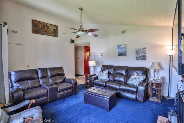 3012 Homer Cir, Jurupa Valley, CA 91752 - carpeted living area with vaulted ceiling, a ceiling fan, and a textured ceiling