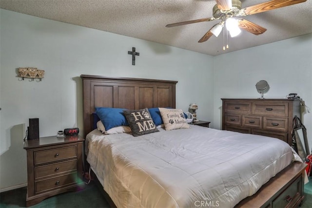 3012 Homer Cir, Jurupa Valley, CA 91752 - bedroom featuring dark colored carpet, a textured ceiling, and ceiling fan